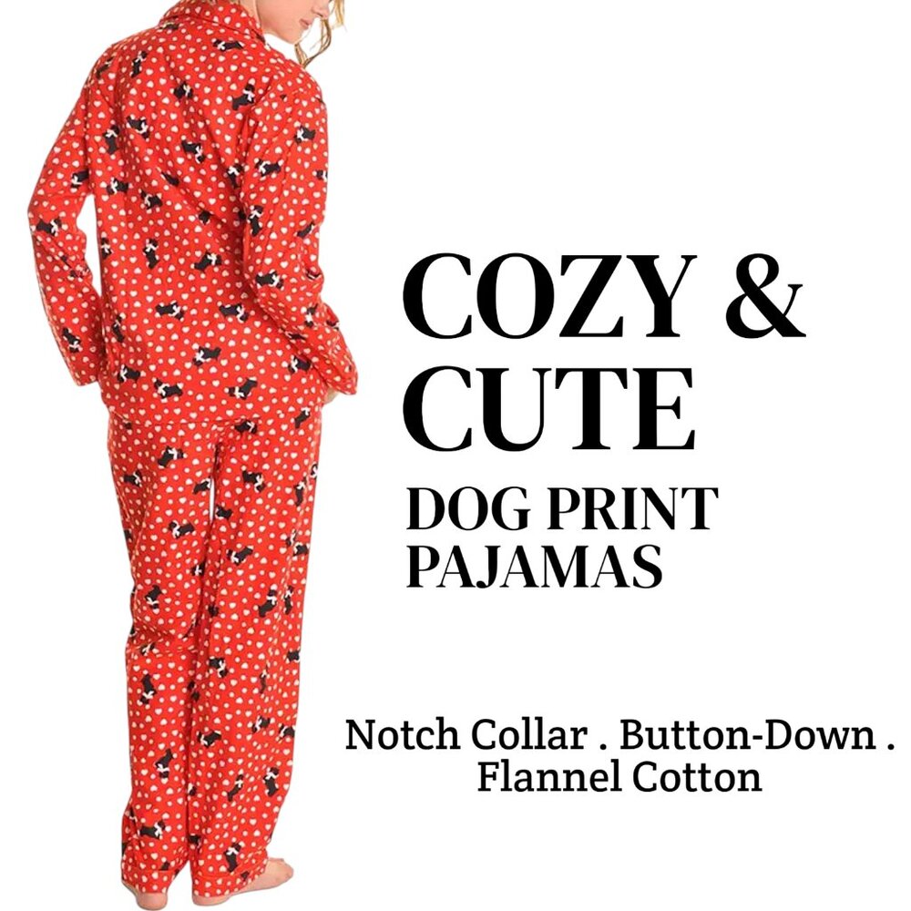 Women’s Dog Print Pajama Set Cotton Flannel Shirt & Pants Loungewear Sleepwear